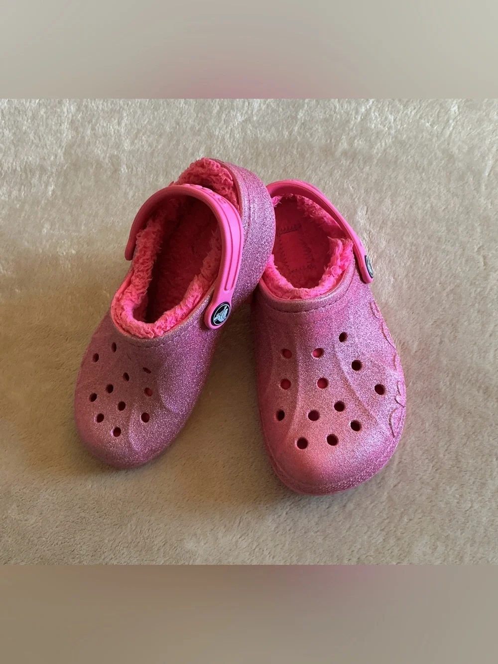 Crocs Youth Classic Lined Pink Clog Sparkle Size C13 #207656 Slip On Glitter